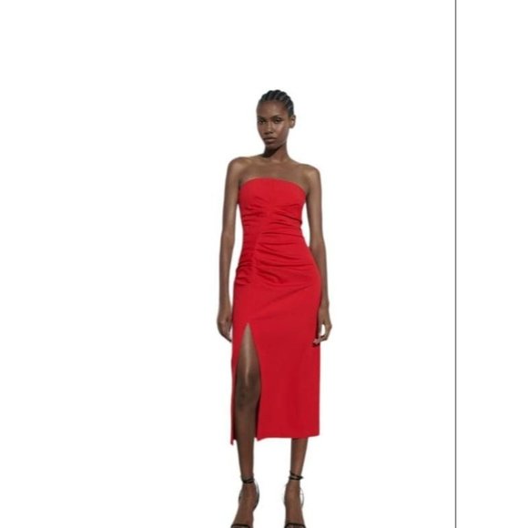 ZARA  MIDI DRESS WITH GATHERING RED SIZE S | 3254/663 - Picture 2 of 4